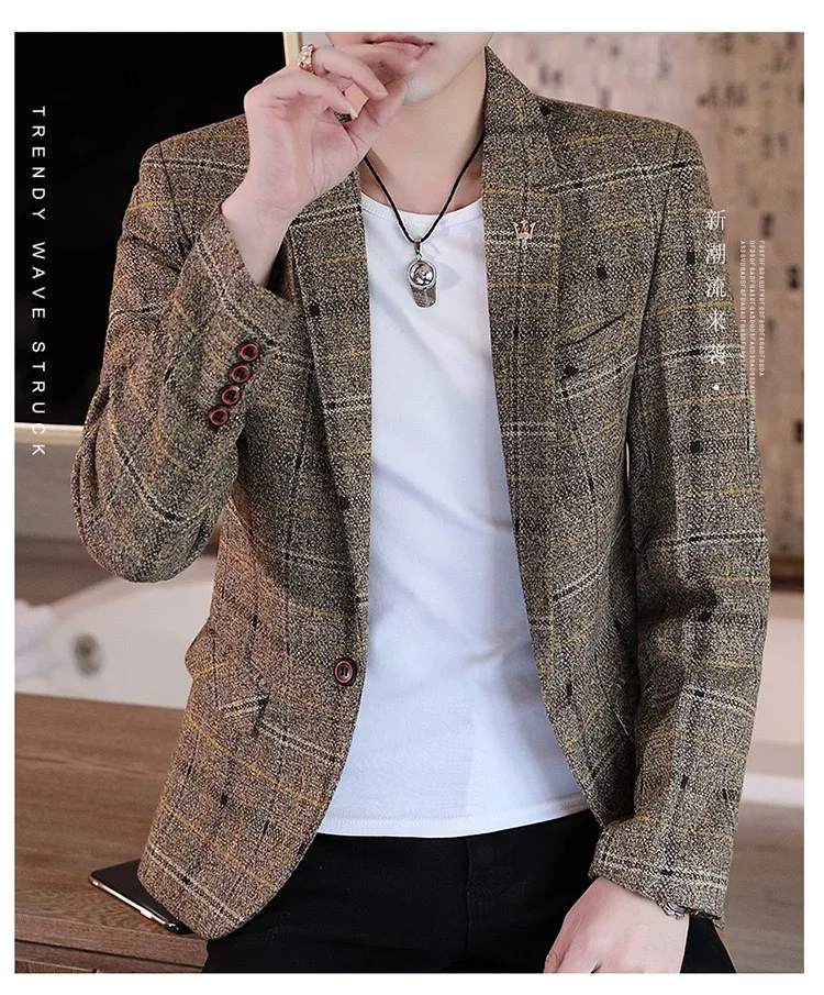 2023 New Men\'s Casual Plaid Suit Jacket Male Linen Plaid Business Self-cultivation Wedding Dress Party Suit Coat Plus Size S-5XL