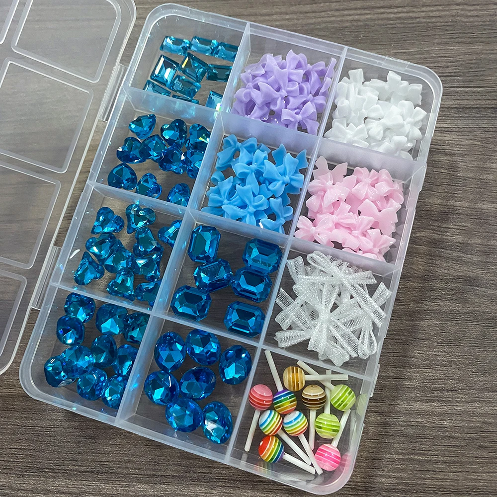 12 rejillas 3D gema azul/najarita/luleta dijes para decoración de uñas cinta de Organza mixta corazón cuadrado diamante decoraciones para uñas DIY y