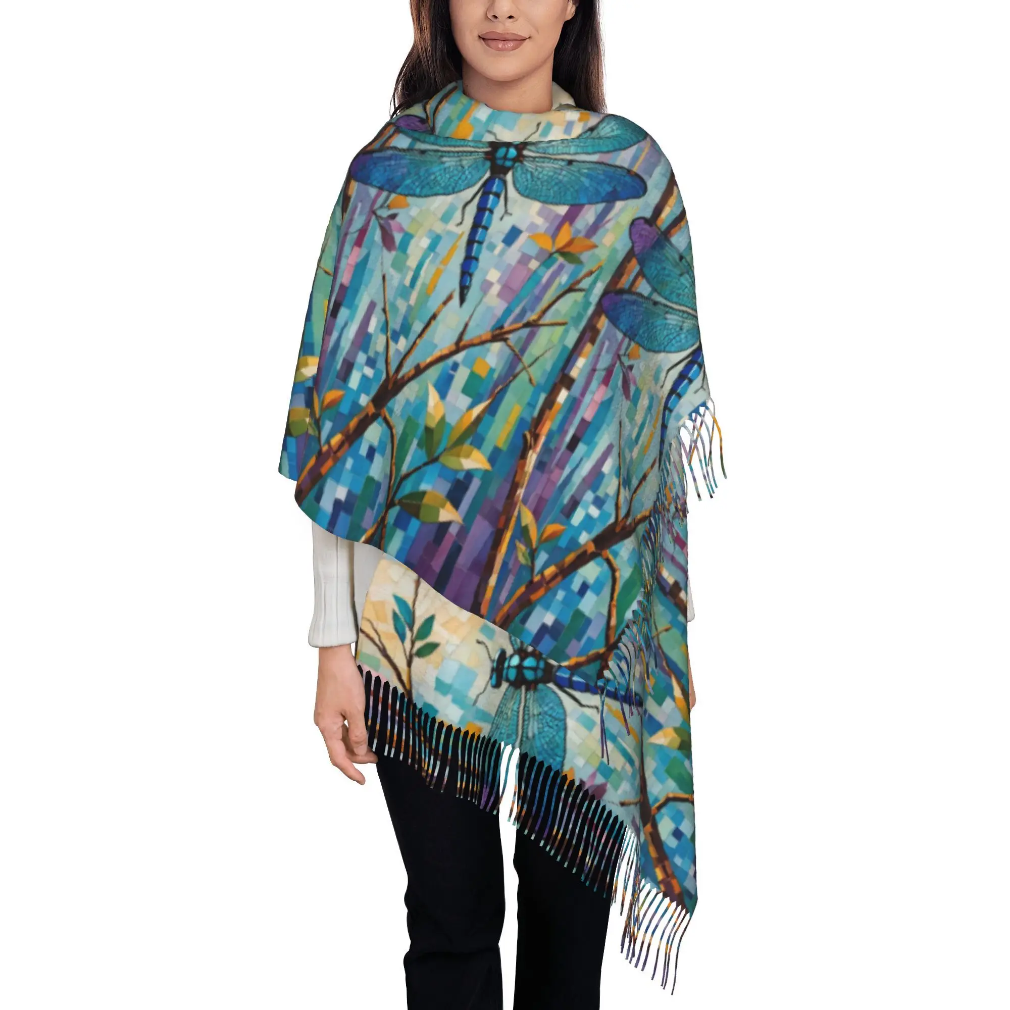 

Colorful Dragonfly Winter Tassel Scarf Shawl Soft Lightweight Warm, Accessory for Outdoor Daily Wear, Elegant Versatile
