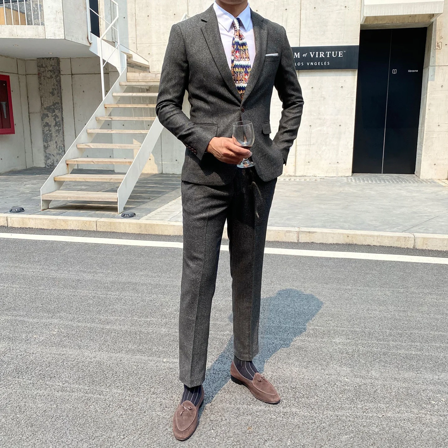 

Wool Herringbone Suit Set for Men, Casual Formal Wear, Korean Style Trendy Groom Wedding Suit, British Style Suit and Trousers Two-Piece Set