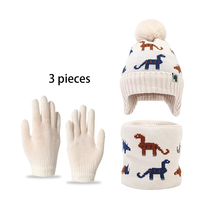 Children's knitted cap, scarf set, winter ear-protecting jacquard dinosaur with plush thread hat, scarf and gloves three