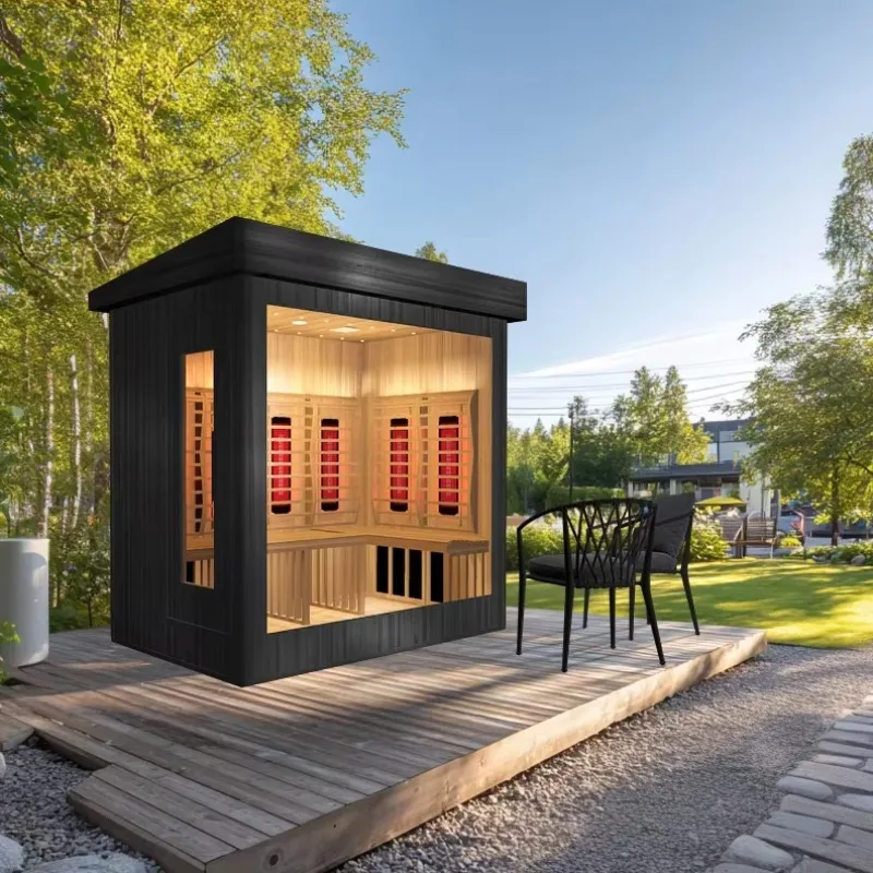 Morden Design Outdoor Black Color Infrared Sauna With Red Light Tube Heaters For 3-5 Person