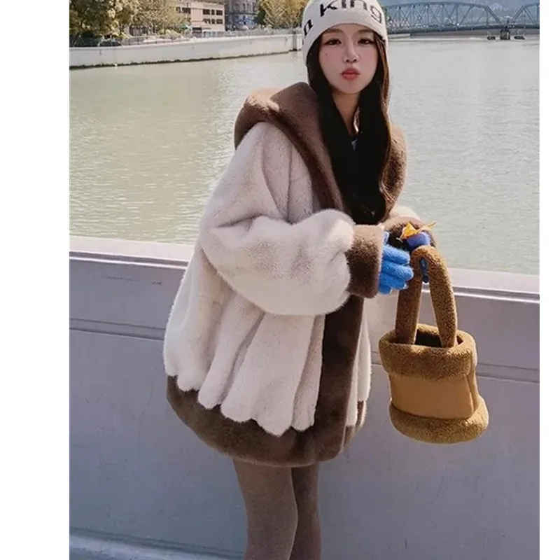 Korean version Shui mink fur fur Coat Women's 2025 Autumn/Winter New Thick Cold proof Faux Coats Female Cotton Hooded Overcoat
