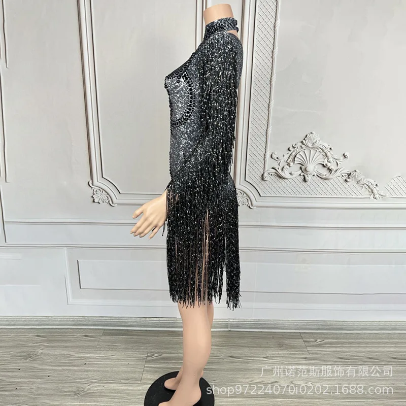 Shining Tassel Temperament Slim Short Dress Latin Dance Competition Suit Night Club Performance Suit Atmosphere Vestido De Mujer