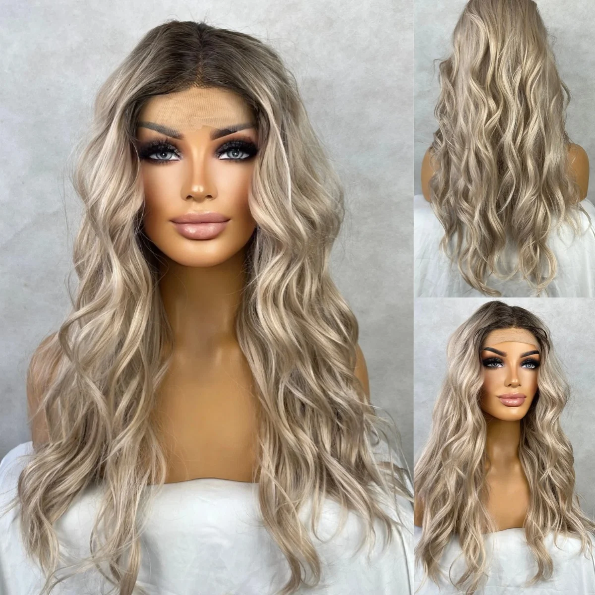 

Платиновые блондинки парики с темным корнем, волнистая волна, женский парик средней части 13*4HD, парики с кружевным верхом для женщин, термостойкое волокно