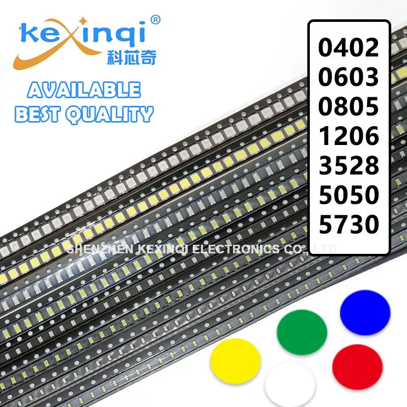 100 pz/lotto 0402 0603 0805 1206 3528 5050 5730 3020 3014 4014 SMD LED rosso giallo verde bianco blu arancione diodo emettitore di luce