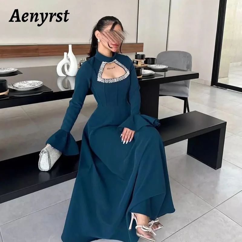 Aenyrst Saudi Arabia Elegant High Neck Prom Dress Women Cutout Diamond Party Evening Dresses Ankle Length Special Occasion Gowns