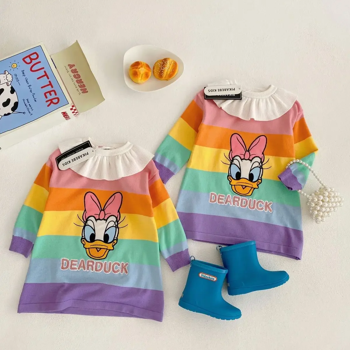 

Girl Undershirt Spring Autumn Striped Tie-Dye Mid-Length Crew Neck Long Sleeve Disney Daisy Minnie childrens Baby Sweater Dress