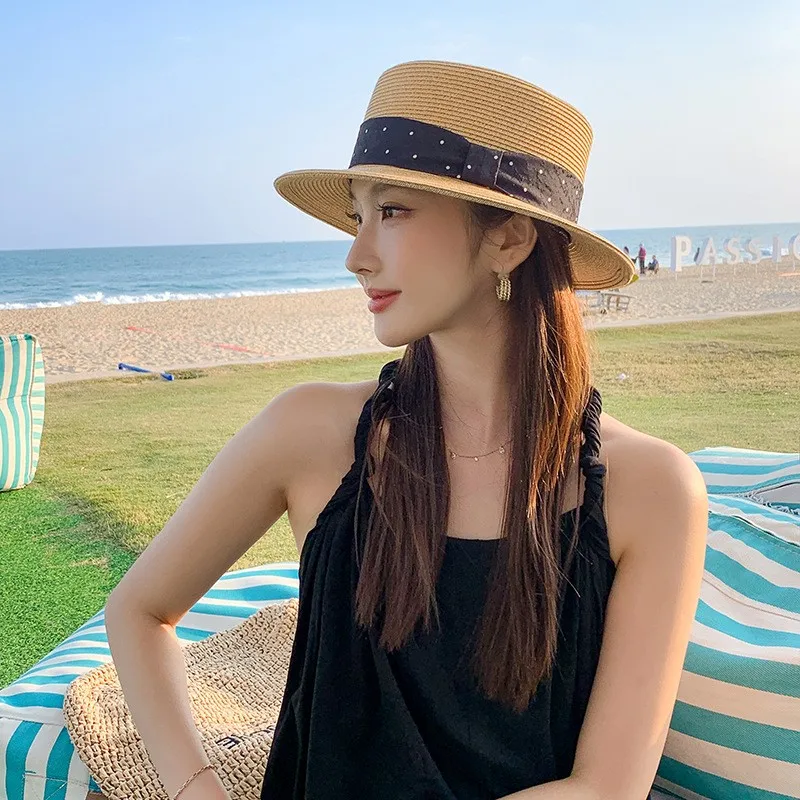

Elegant hat seaside vacation casual ribbon flat top