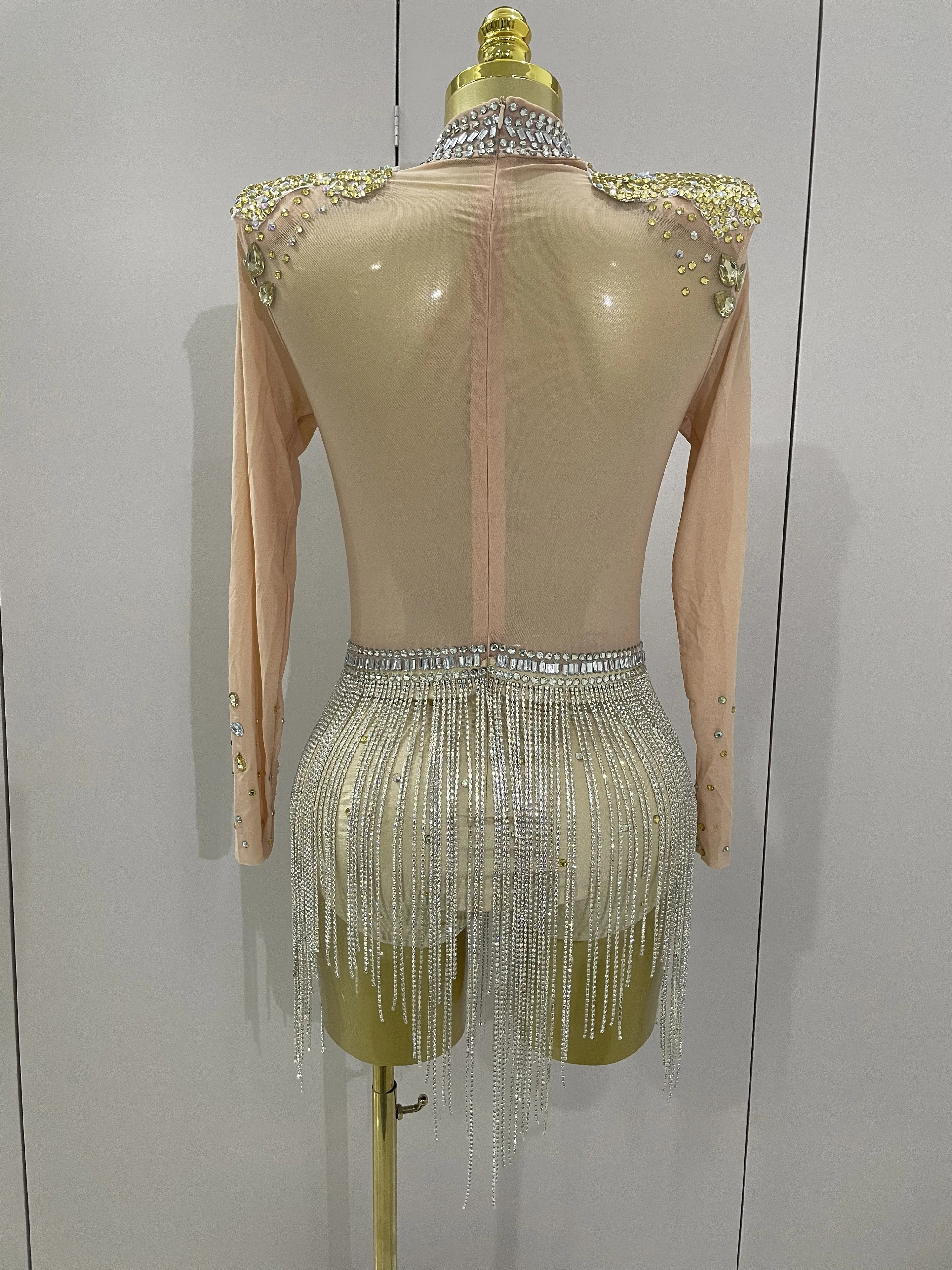 2025 新ファッション光沢のあるラインストーンタッセルボディスーツセクシーなメッシュダイヤモンドステージショージャンプスーツ女性ナイトクラブ誕生日パーティードレス