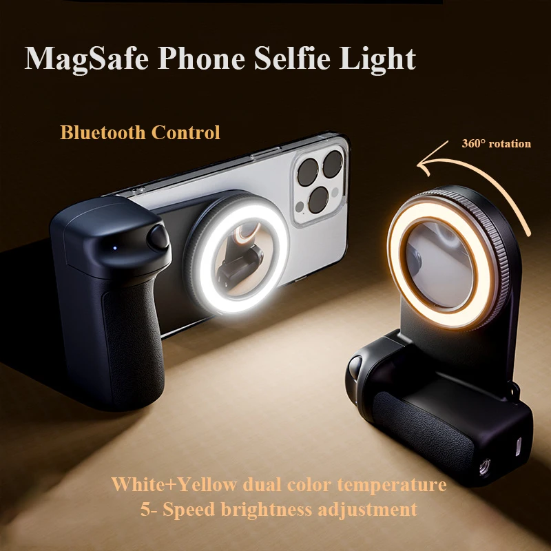 Bluetooth Magnetic Phone Snap Grip with Ring Fill Light MagSafe Selfie Aid Holder Clip On for Iphone 16/15/14/13/12 Samsung