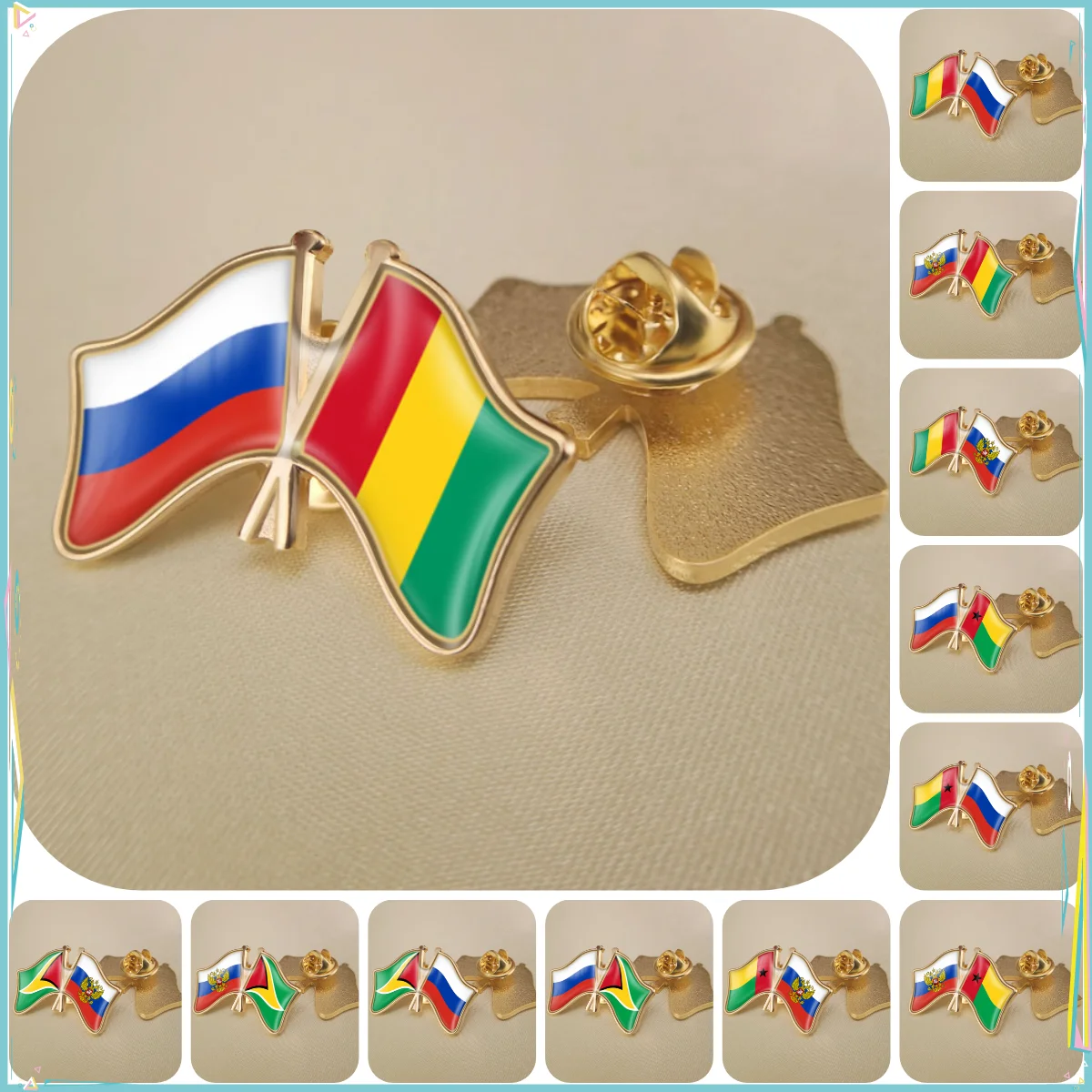 Russian Federation and Guyana Guinea Bissau Double Crossed Friendship Flags Brooches Lapel Pins Badges