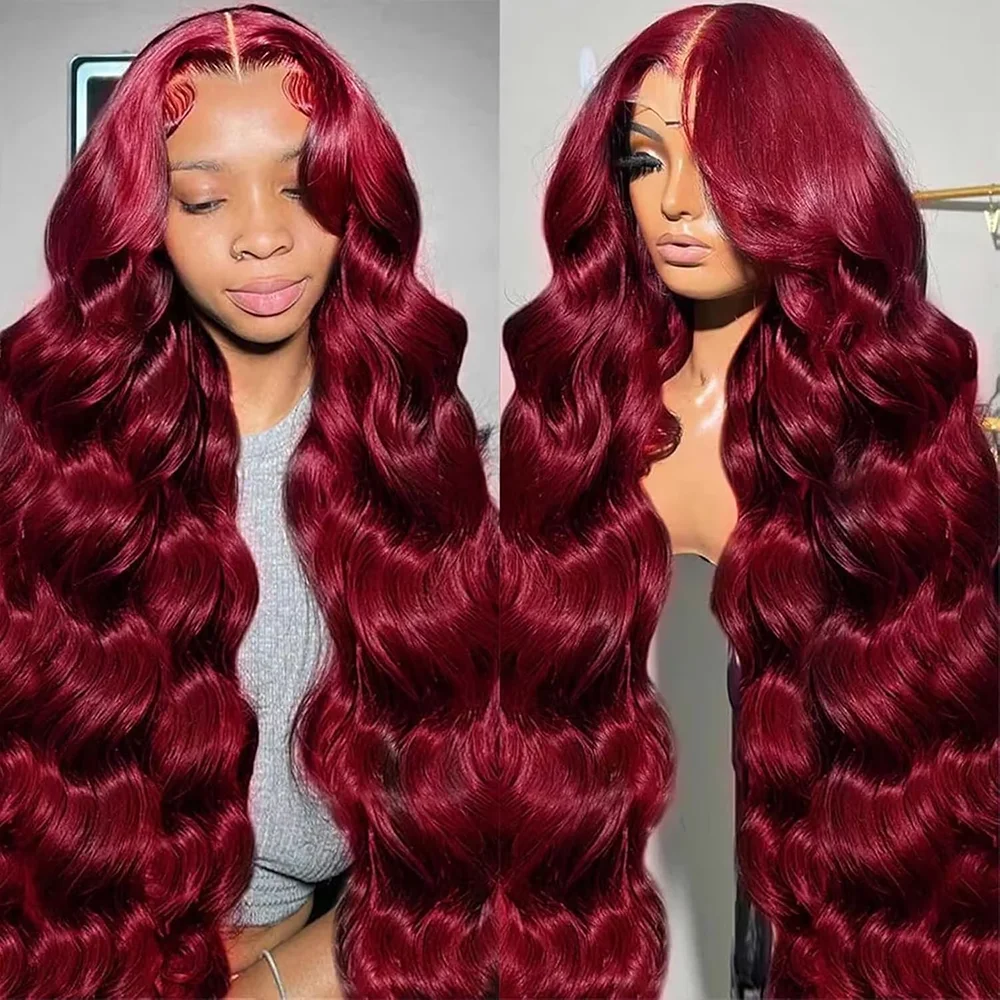 99J Burgundy 13x6 200 Density HD Lace Frontal Human Hair Body Wave 36 Inch 13x4 Lace Front Wig HD Transparent Wine For Women