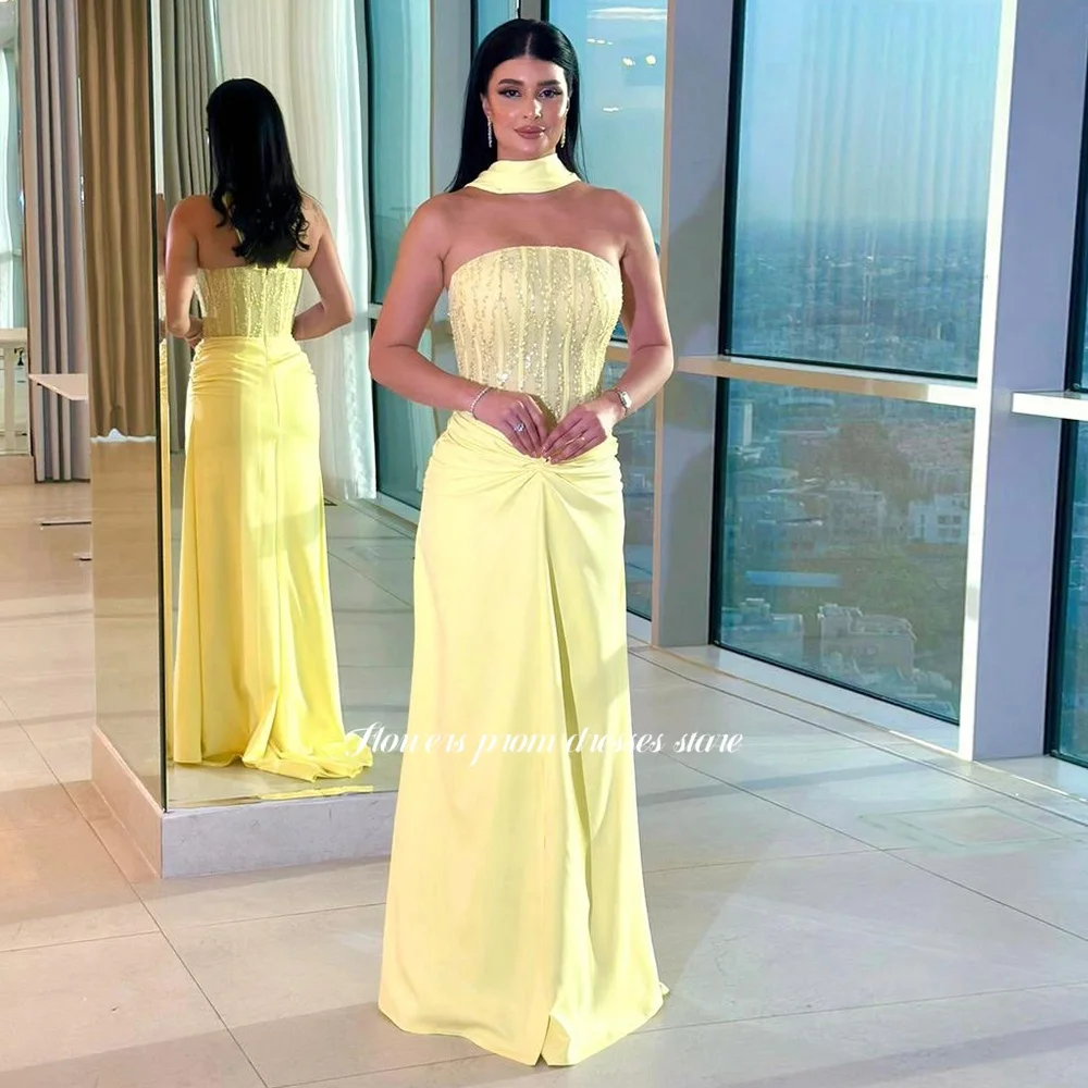 

Flowers Yellow Straight Prom Dress Beading Strapless Party Dress with Scarf Evening Dress Women فساتين مناسبة رسمية Customized