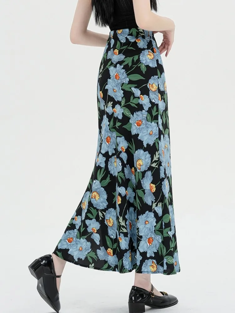 2025 New Fashion Elastic Waist Retro Printing Long Mermaid Skirt  Vacation Style High Split Slit Fishtail Skirts for Women