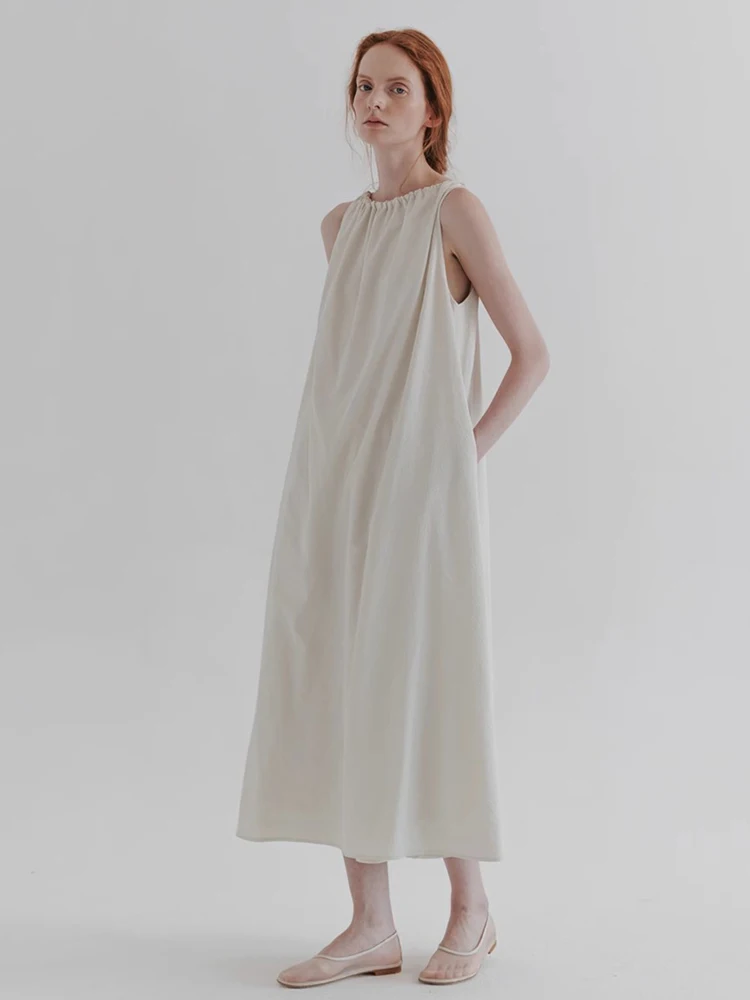 Vestido Largo Elegante y Sencillo con Tirantes y Espalda Descubierta para Mujer, Nuevo Estilo de Verano, Versión Coreana Moia, Cintura Holgada, Fibra de Poliéster, Corte en A