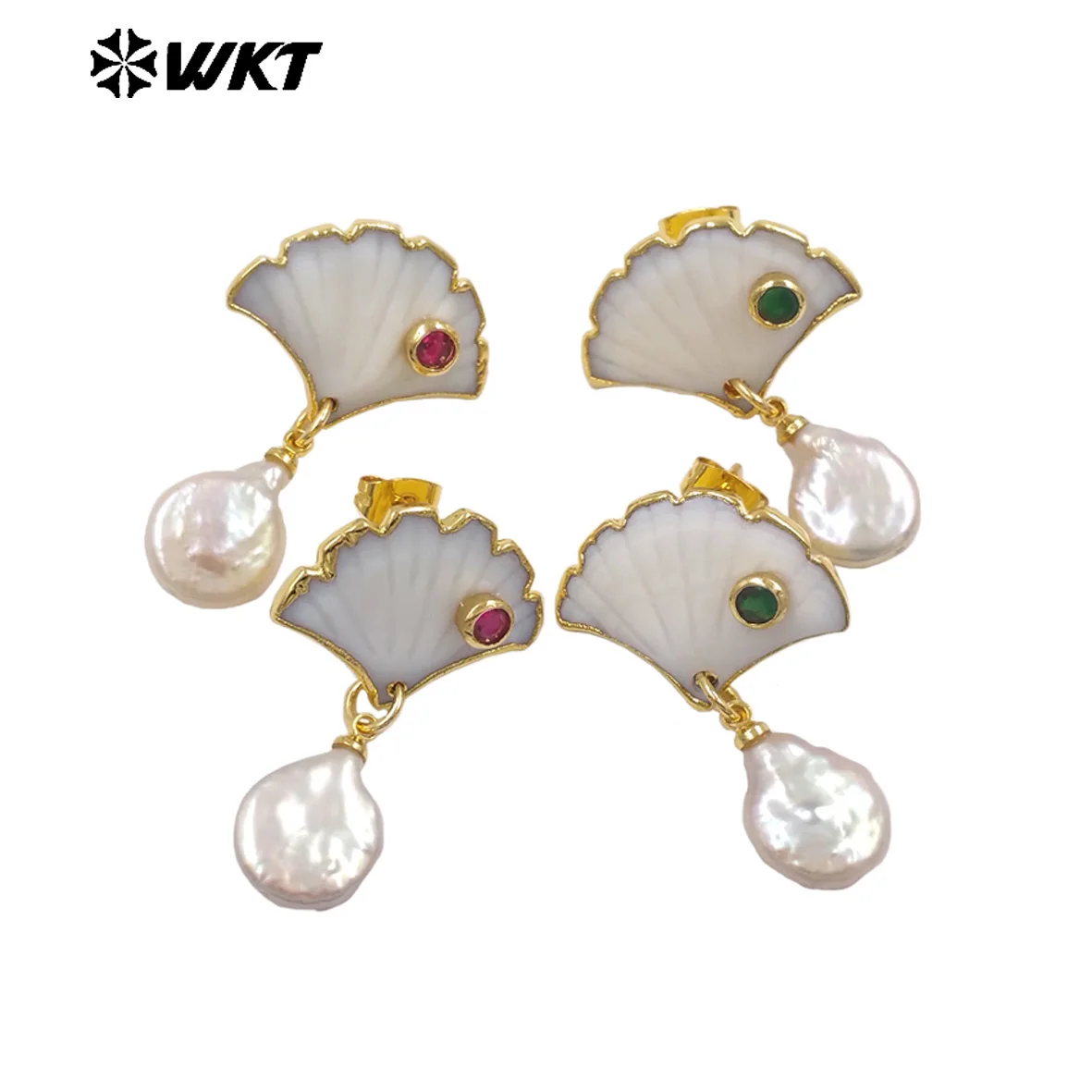 WT-MPE194 Unique Autumn Vibe Ginkgo Leaves Shape White Shell Pearl And Zircon Paved Mid-Length Earrings For Women Sweater ACC
