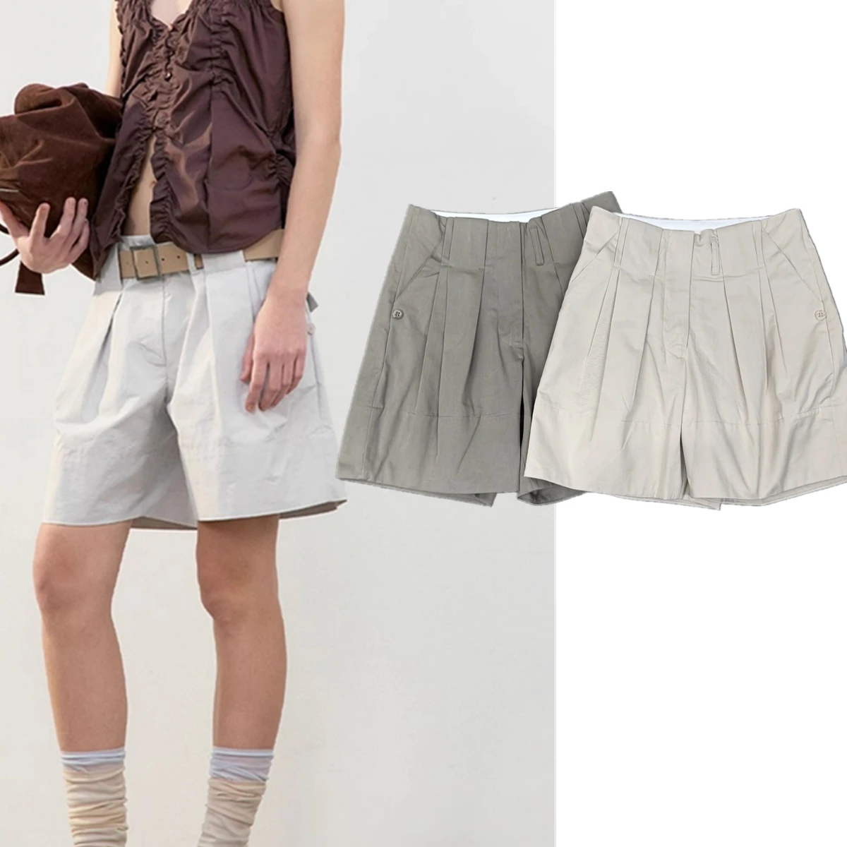 

Maxdutti Minimalist Retro Pleated Shorts Summer High Waist Casual Loose All-match Straight Shorts Loose Bermuda Women
