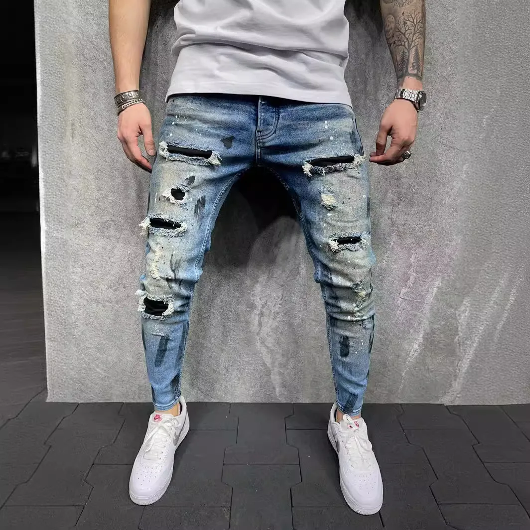 

Men Jeans Holes Denim Pant Ripped Mid Waist Slim Fit Vintage Denim Wash Punk Style Skinny Pencil Pants Distressed Ankle Length