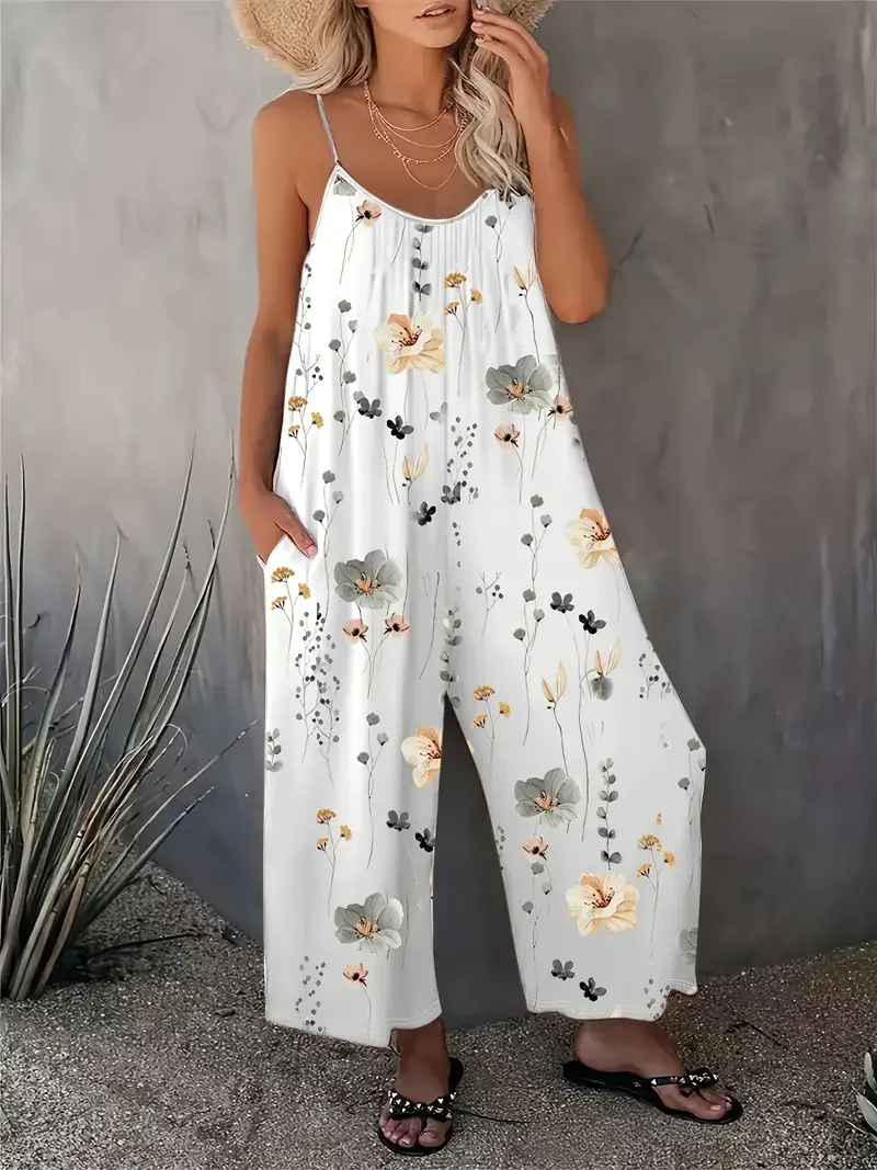 Plus-size Floral Print Slip Jumpsuit, Casual Sleeveless Pocket Jumpsuit, Women's Plus Size Clothing