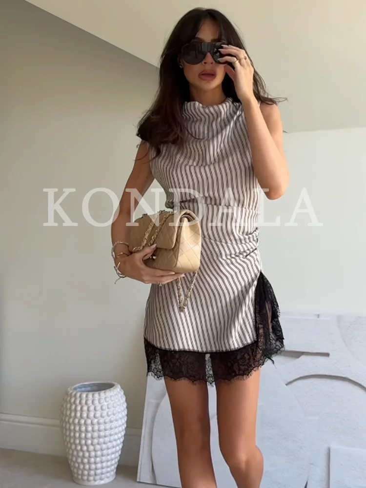 

Женское элегантное полосатое платье KONDALA, летнее модное уличное платье без рукавов с кружевным подолом, новинка 2026 года, модное повседневное короткое платье для отпуска