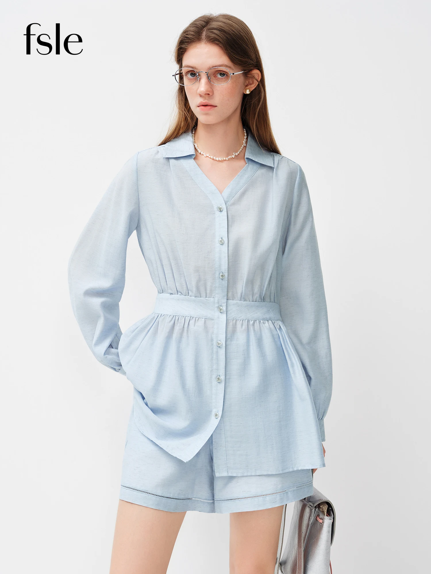 FSLE 2026 New Spring Women's Linen Shirt & Shorts Set, Notched Collar Puff Sleeve Top, Soft Aesthetic Casual Two Piece Outfit