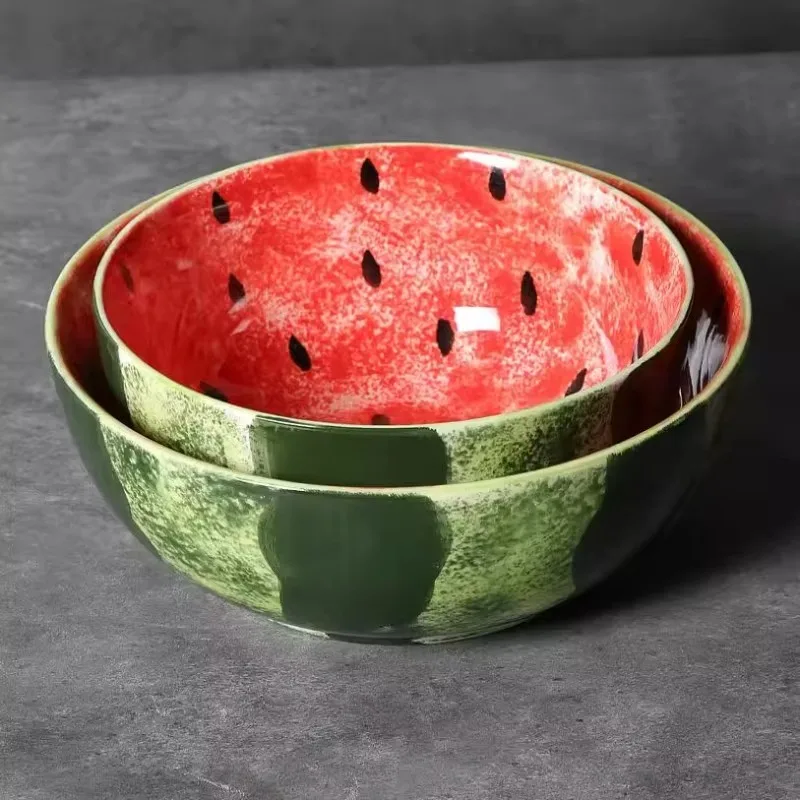 Creative Round Ceramic Bowl Watermelon Underglaze Color Bowl Hand-painted Watermelon Noodle Soup Bowl Kitchen Supplies Tableware