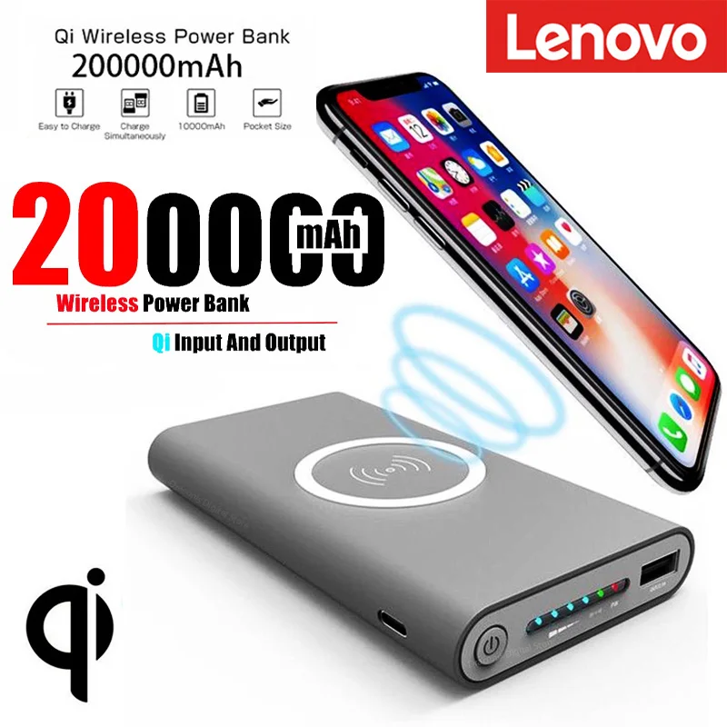 Lenovo-Batería Externa de 200000mAh, Powerbank de carga rápida inalámbrica bidireccional, cargador portátil tipo C, para iPhone y Samsung