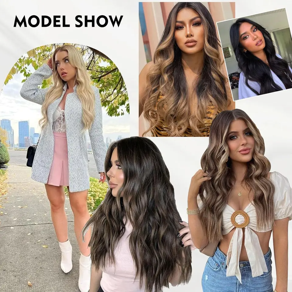 Extensiones de cabello con clip, 7 piezas sintéticas con reflejos, onduladas suaves y largas, 22 pulgadas, gruesas, para mujer 6