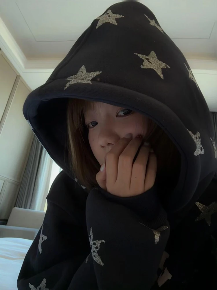 

Ретро-худи с американским звездным принтом и надписями, женская осенне-зимняя утепленная флисовая верхняя одежда, стильное пальто для пар в уличном стиле