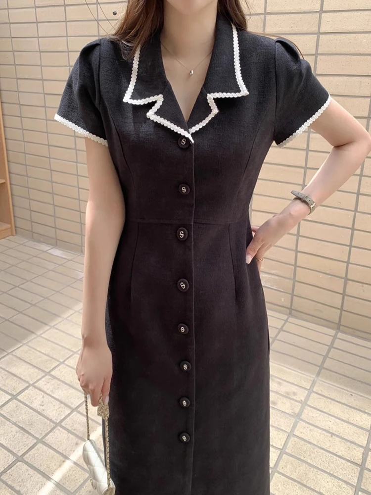 Summer New Black Retro Temperament Suit Collar Single Breasted Contrasting Color Slim Fit Short Sleeved Dress Vestidos Mujer