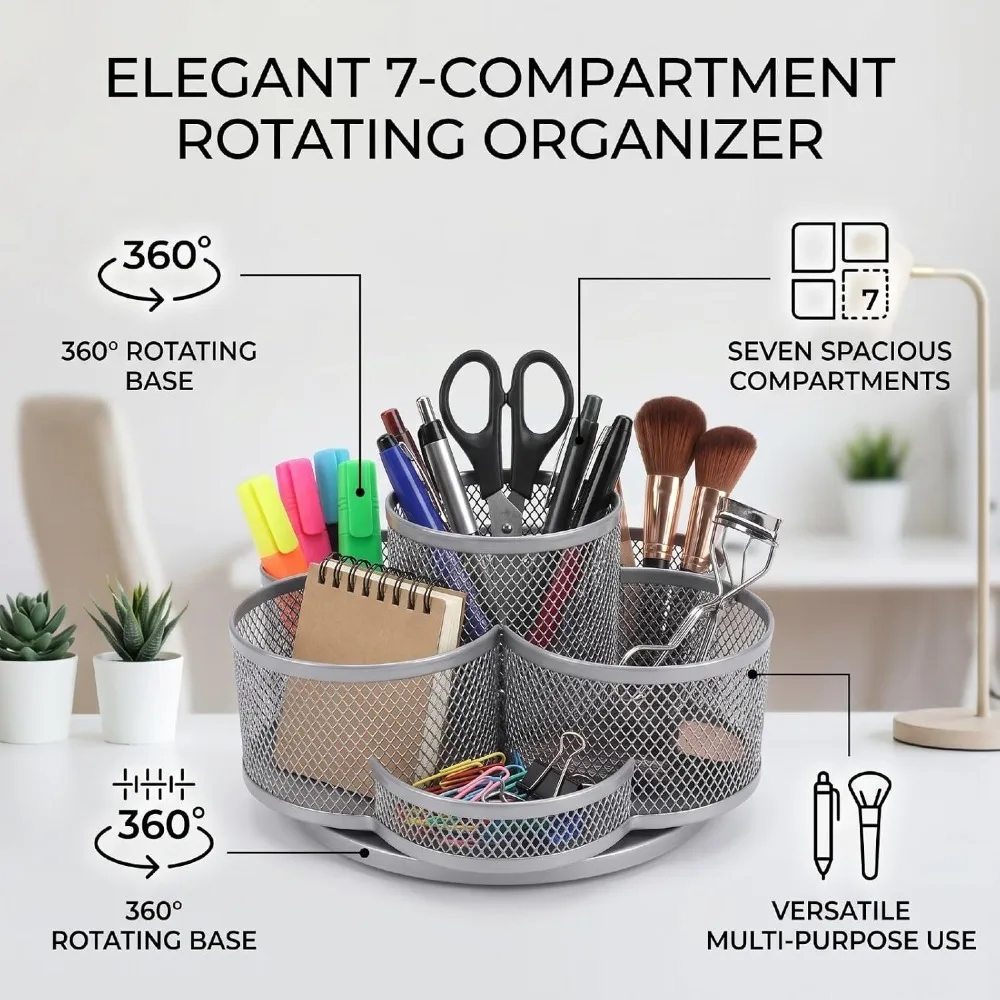 Mesh Rotating Pen Holder Multi Grid Silver Mesh Desk Organizer Metal Cylindrical Desk Storage Bucket Craft Supplies Storage