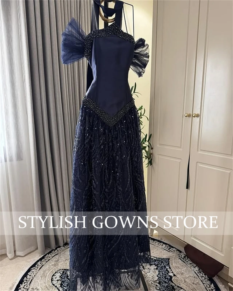 Robe de soirée chérie bleu marine arabe saoudien 2025 Occasion formelle sans manches robe de cristal perlée personnalisée فستان و