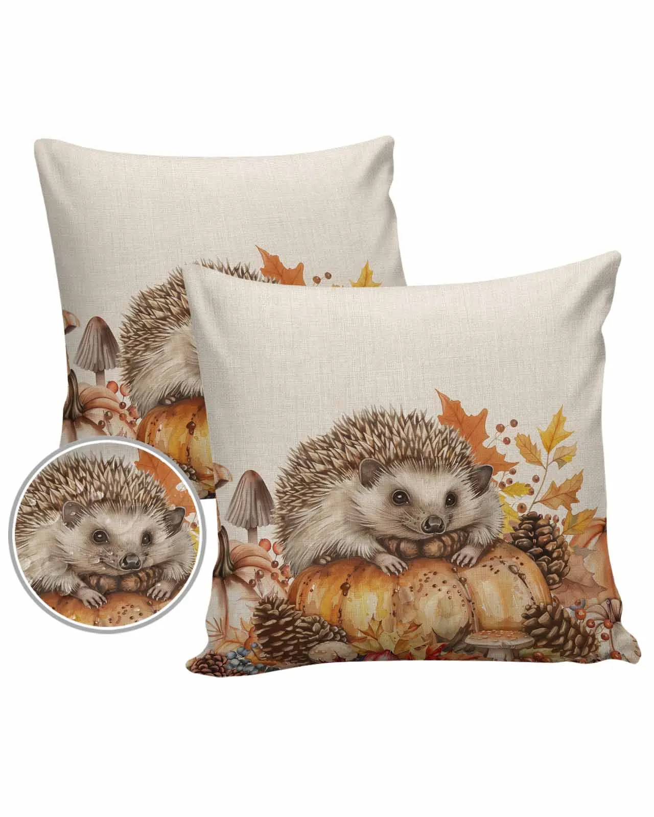 Fall Pumpkin Hedgehog Pine Cone Waterproof Pillowcase Set Car Cushion Cover Home Sofa Office Decorative Pillowcase Cover