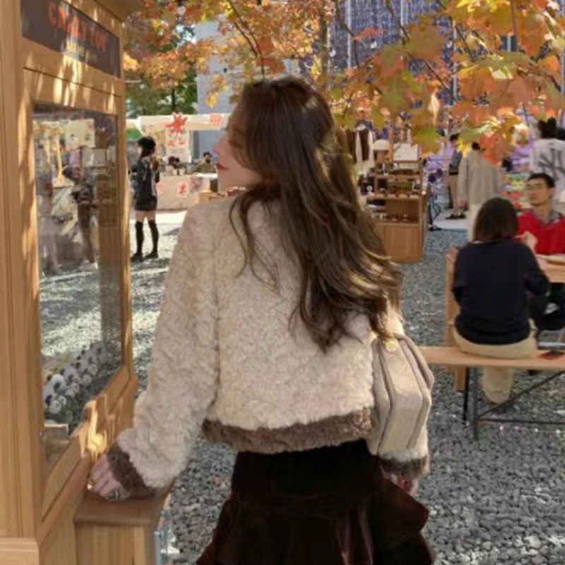 خمر المرقعة المحاصيل معاطف النساء فو الفراء كم طويل زر فضفاض سترة قصيرة عطر صغير كل مباراة س الرقبة بلايز عادية #4