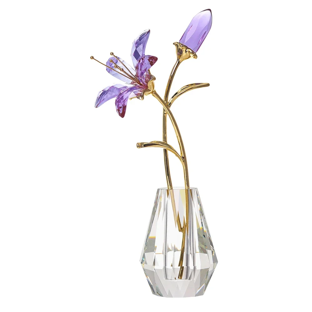 Crystal Lily Flower Figurine With Glass Vase Handmade Purple Lucky Flowers Collectible Wedding Bouquets For Home Party Decor