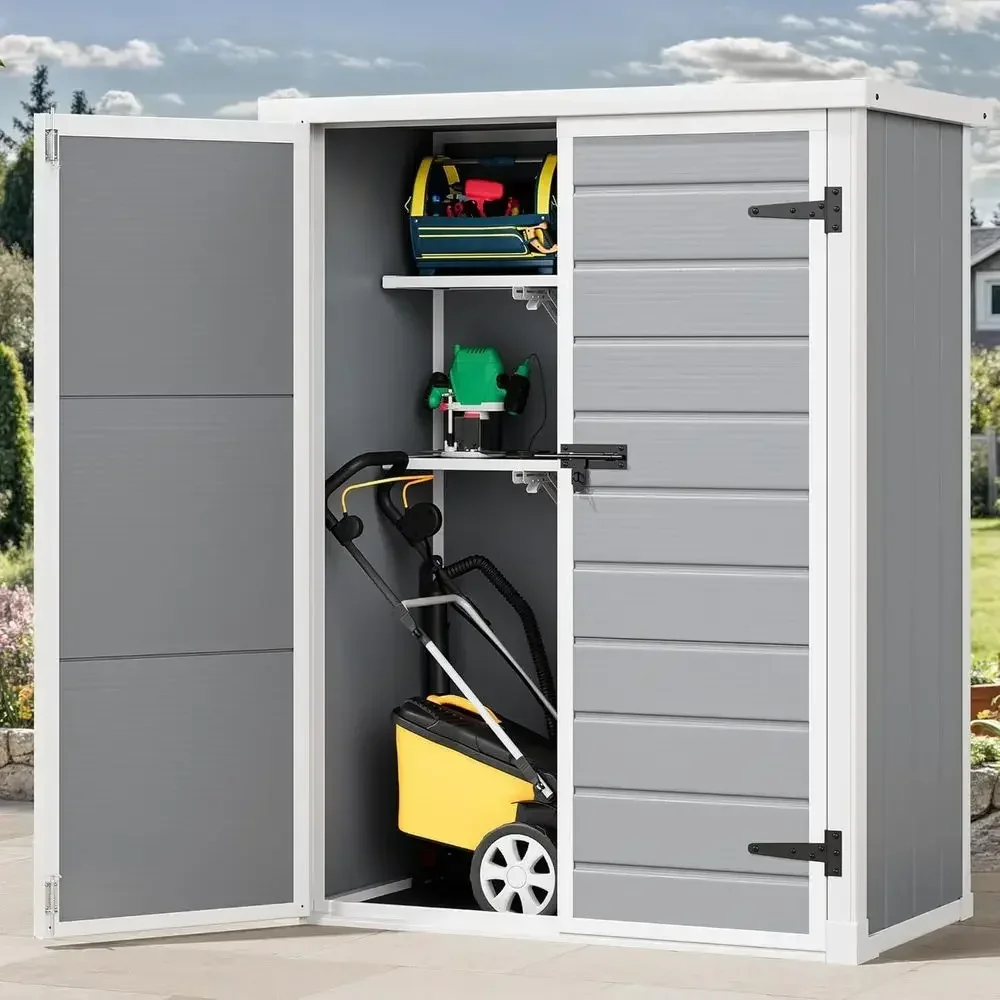 50 Gallon Outdoor Tall Storage Shed with 2 Shelves, 4.3x2x5.5ft Tool Shed with Floor & Lockable Door, Durable Double-Wall Plasti