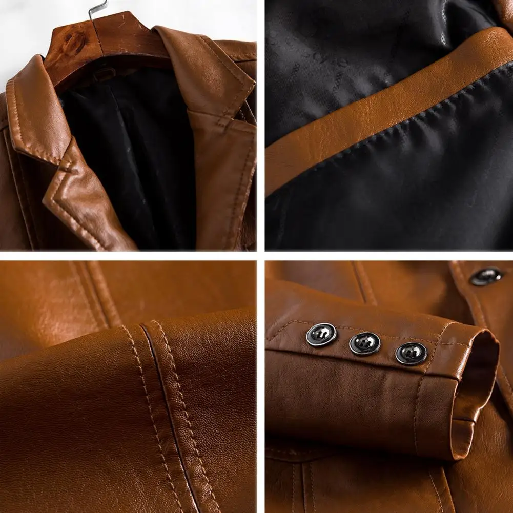 

Men Jacket Lapel Long Sleeve Single Breasted Faux Leather Coat With Pockets Loose Fit Solid Color Outwear Plus Size Male Blazers