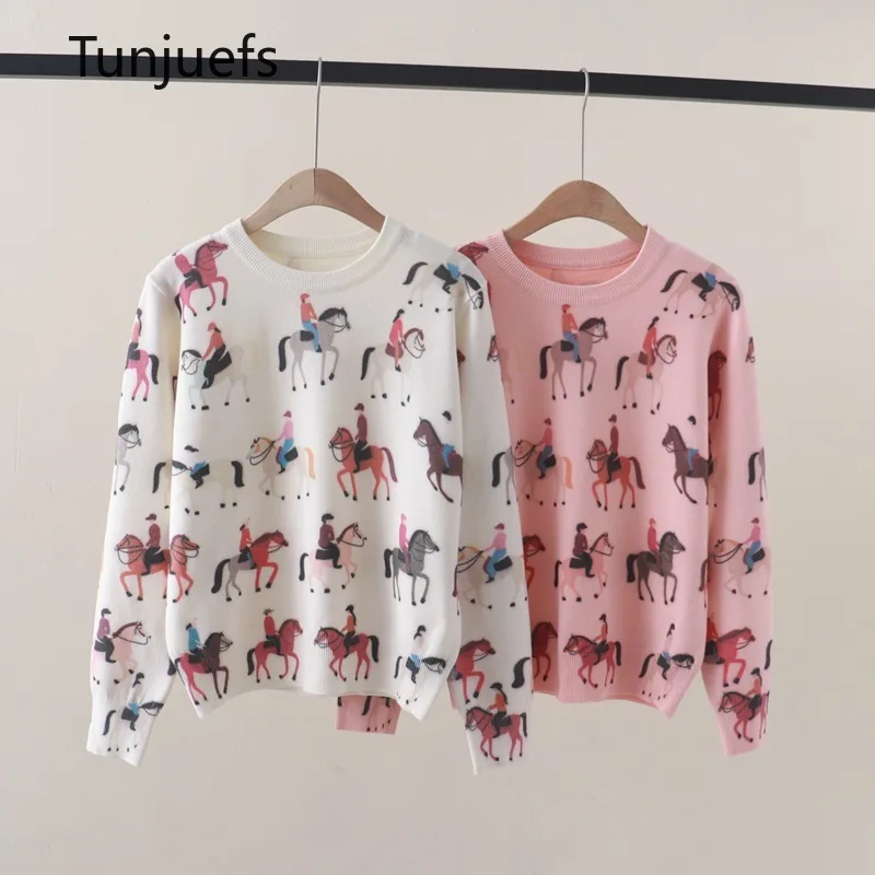 Luxury Horse Print Women's Sweater Pullovers White Wool Knit Tops Long Sleeve Jumper Jersey Korea Y2k Blouse Knitwear Winter