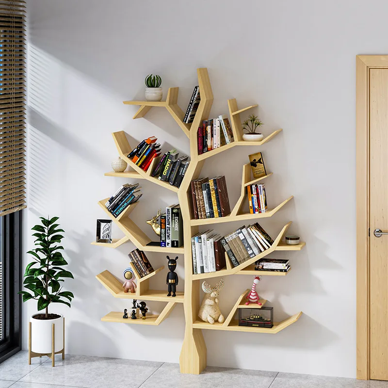 New Chinese Creative Wooden Bookshelf Floor To Wall Tree Storage Shelf Study Library Picture Books Comic Display Shelf