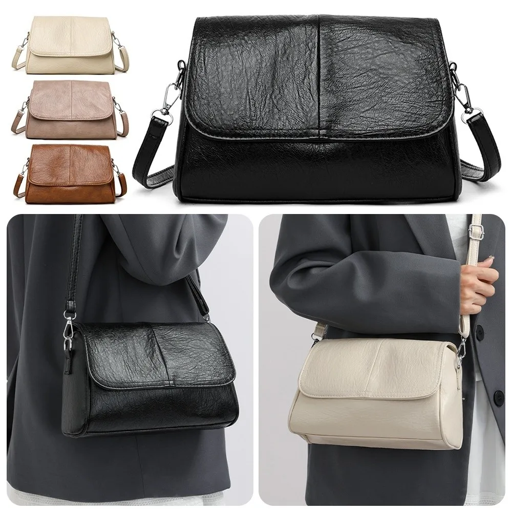 

Retro Leather Crossbody Bag Solid Color Flap Design Oil Wax Leather Bag Adjustable Strap Multi-pocket Shoulder Bag For Women