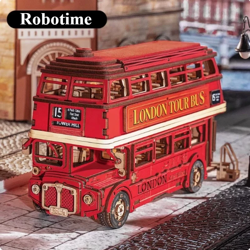 Original Robotime Realistic London Tour Bus 3D Assembly Model Toy Desktop Decoration Ornament Creative Collectible Holiday Gift