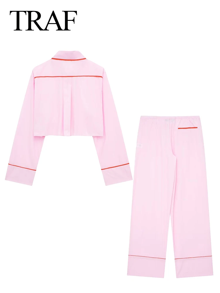 TRAFZA 2024 Woman\'s Fashion Pink Pants Set Red Lines Long Sleeves Shirts Cropped Tops Contrasted Color Casual Loose Button Blusa