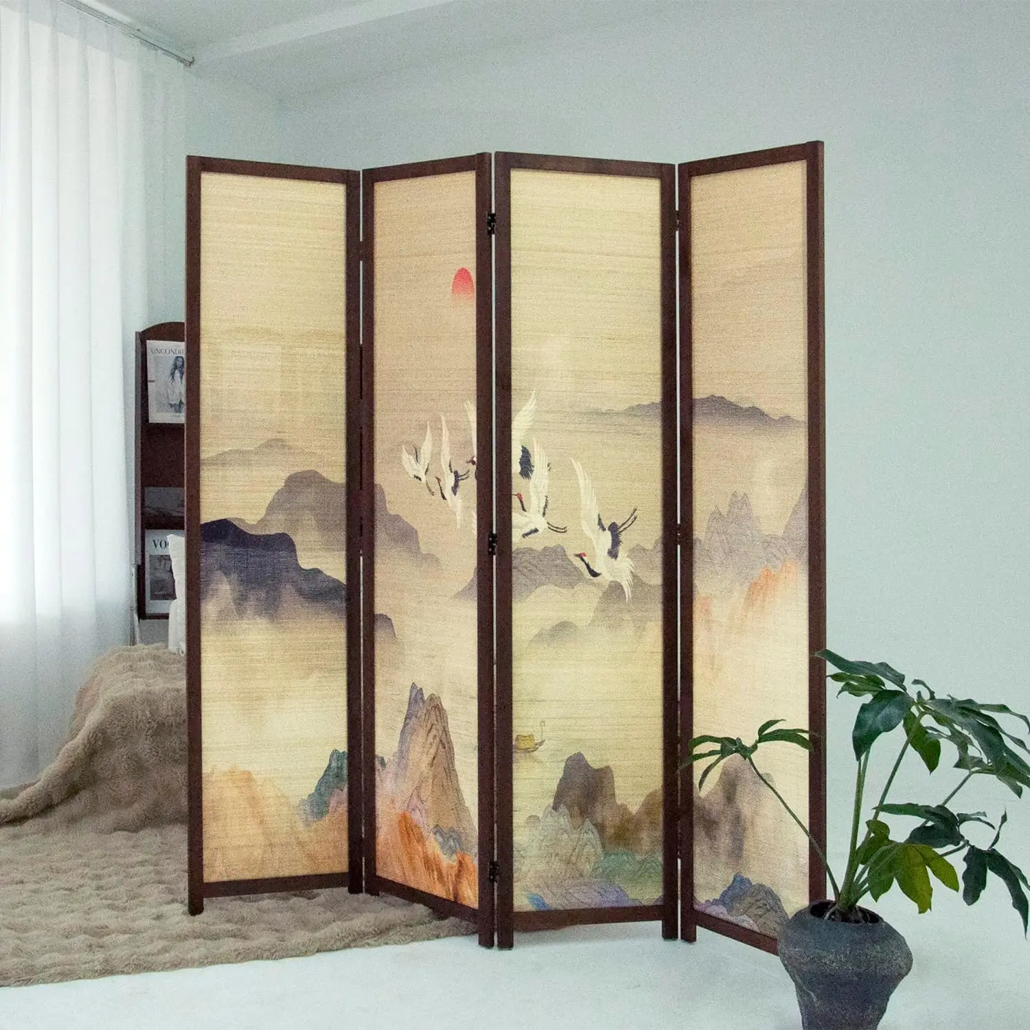 4 Panel Bamboo Room Divider, Versatile Folding Privacy Screen | Double-Sided Colorful Landscape Pattern, 5.6 Ft Bamboo Divider,