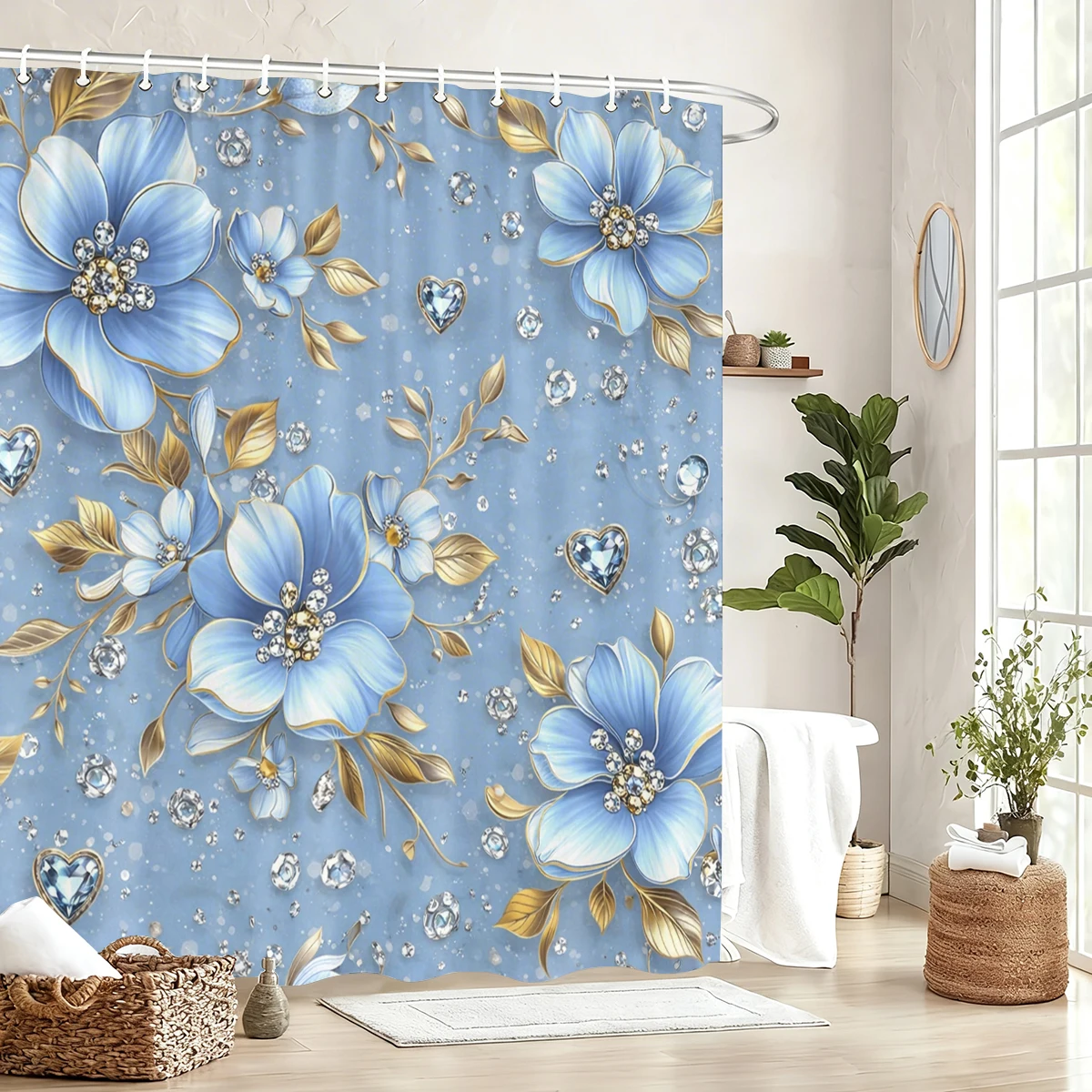Floral & Ladybug Pattern Polyester Shower Curtain - Stylish Bathroom Decor, Delicate Bath Curtain for Home Hotel Use