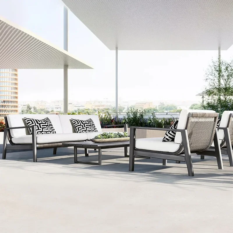 

#Luxury woven rope outdoor furniture set wood patio furniture set hotel outdoor dining set for garden Restaurant