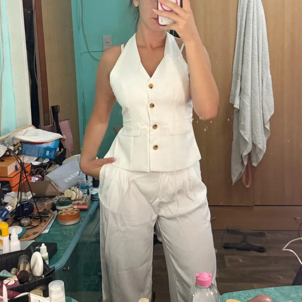 

2025 Women 2 Piece Set Halter Neck Single-Breasted Pocket Sleeveless Halter Vest Tops+High Waist Zipper Pockets Wide Leg Pant