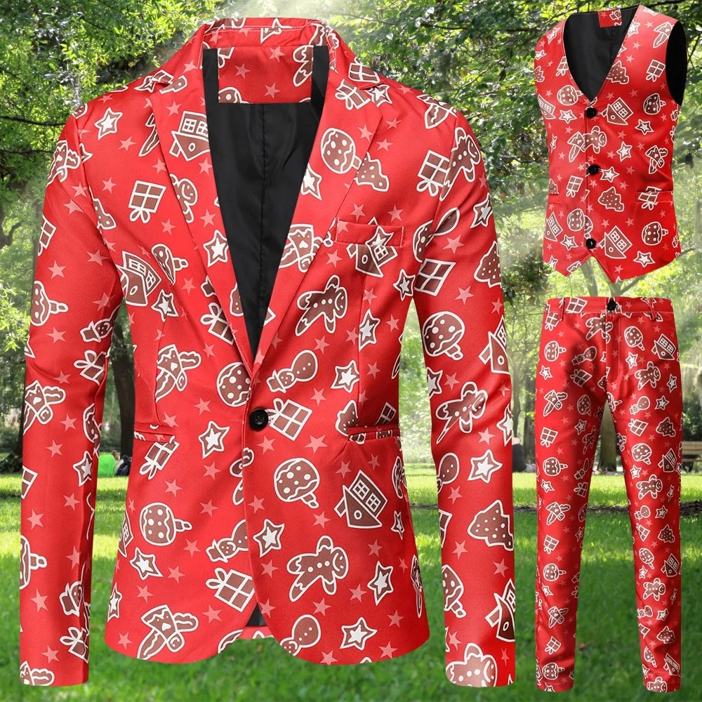 Suit for Men Christmas Day Party Prom Slim Fit 3 Pieces(Blazer+Vest+Pants)Xmas Tree Print Dress Up Male Suits Sets Plus Size 4XL