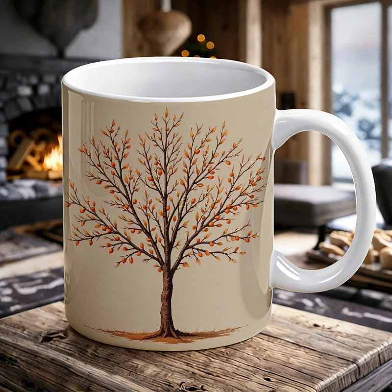 

11 oz Artistic Fruit Tree Handle Ceramic Mug, Full-Print Coffee Cup, Insulated Milk Cup, Office Water Cup, Fade-Resistant