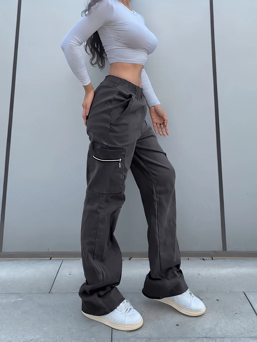 High Waist Cargo Pants Women Streetwear Loose Straight Leg Multi Pockets Zipper Detail Elastic Waistband Trousers